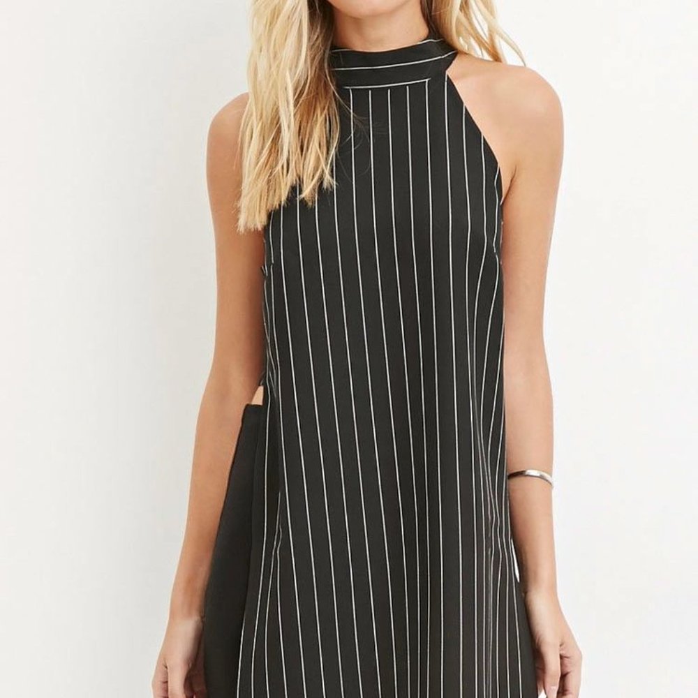 NWOT Black Pinstripe Halter Top with Cutout Sides Size XS